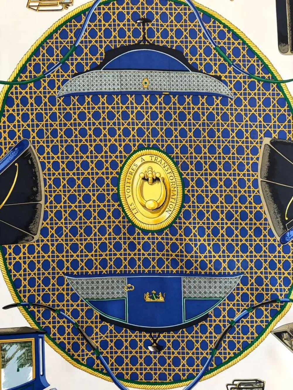 Hermès Carriages Silk Scarf 90 Carré Blue White Gold Hand Rolled Made in France